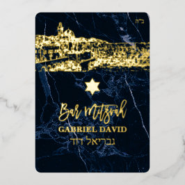 PixDezines Jerusalem+Blauer Marmor Bar Mitzvah Inv Folieneinladung