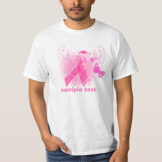 PixDezines Krebsbewusstsein, rosa Band T-Shirt (Vorderseite)