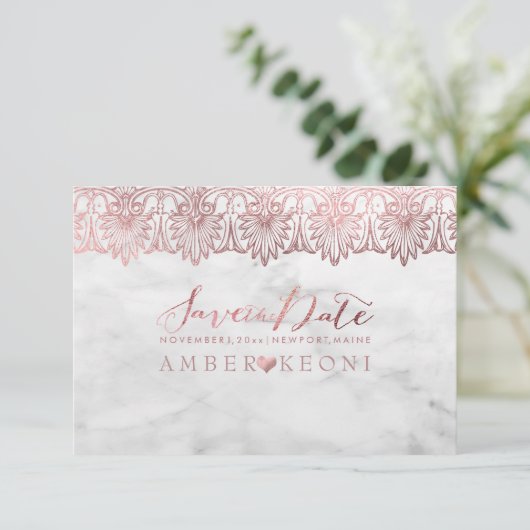 PixDezines Lace Rose Gold/Marmor/Rett Datum Save The Date (Stehend Vorderseite)