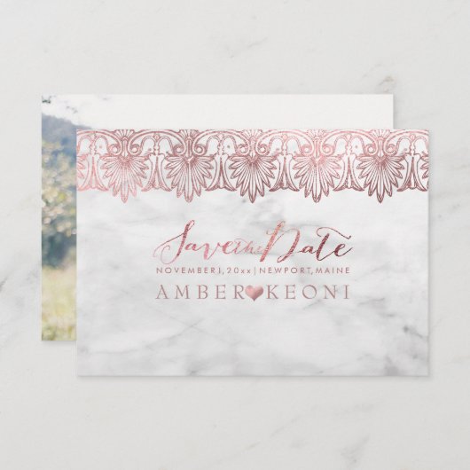 PixDezines Lace Rose Gold/Marmor/Rett Datum Save The Date (Vorne/Hinten)