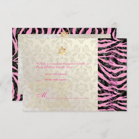 PixDezines LARGE UAWG Zebra/Damask Bat Mitzvah RSVP Karte (Vorne/Hinten)
