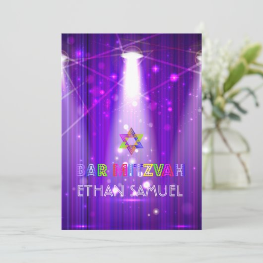 PixDezines Laser/Neonlichter Bar mitzvah Einladung (Stehend Vorderseite)