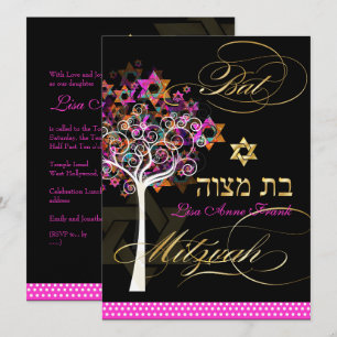 PixDezines Lebensbaum+Sterne, Bat Mitzwa Einladung