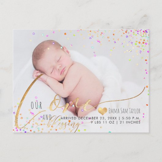 PixDezines Liebe Geburtsankündigung/Confetti Ankündigungspostkarte (Vorderseite)