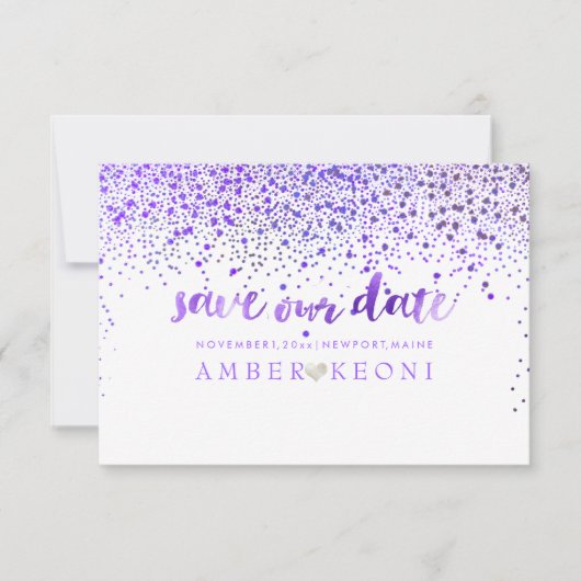 PixDezines Lila Confetti/Retten unser Datum Save The Date (Vorderseite)
