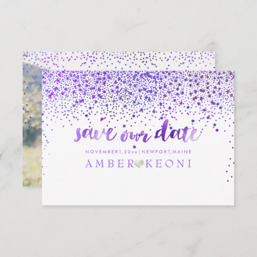 PixDezines Lila Confetti/Retten unser Datum Save The Date (Vorne/Hinten)