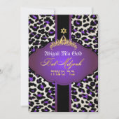 PixDezines Lila Leopard+tiara/Fledermausmitzvah Einladung (Vorderseite)