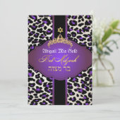 PixDezines Lila Leopard+tiara/Fledermausmitzvah Einladung (Stehend Vorderseite)