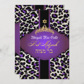 PixDezines Lila Leopard+tiara/Fledermausmitzvah Einladung (Vorne/Hinten)