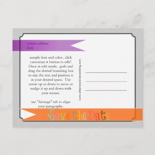 PixDezines lila+orange Save the Date Ankündigungspostkarte (Rückseite)
