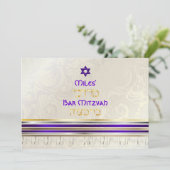 PixDezines Lila Tallit Bar Mitzvah/gold Einladung (Stehend Vorderseite)