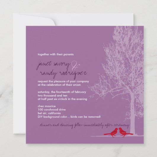 PixDezines Love Vögel, Rot, Eiche Baum / DJ Farbe! Einladung (Rückseite)