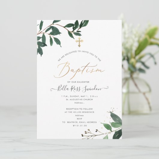 PixDezines Lush, Grüner Wasserfarben Taufe Einladung (Stehend Vorderseite)