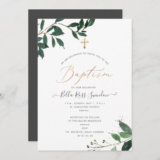 PixDezines Lush, Grüner Wasserfarben Taufe Einladung (Vorne/Hinten)