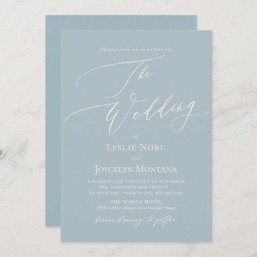 PixDezines Luxe Calligraphy Dusty Blue Wedding Einladung (Vorne/Hinten)