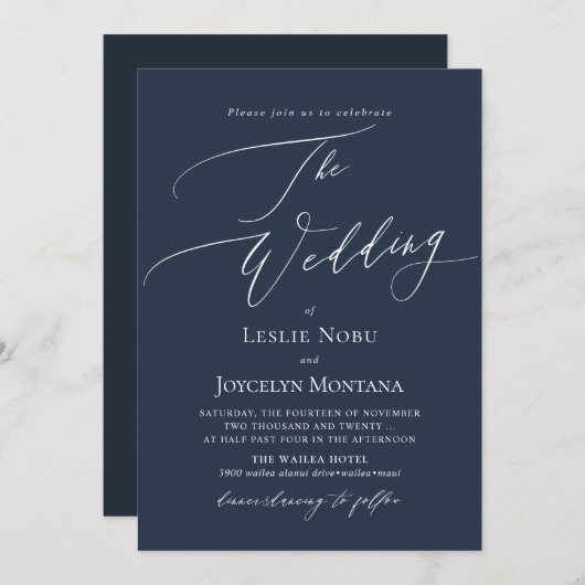 PixDezines Luxe Calligraphy Navy Blue Wedding Einladung (Vorne/Hinten)