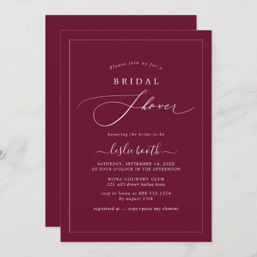 PixDezines Luxe Script Burgundy Brautparty Einladung (Vorne/Hinten)