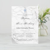 PixDezines Marble Blue Cross Taufe 1. Geburtstag Einladung (Stehend Vorderseite)