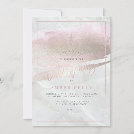 PixDezines Marble+Blush Pink Platinum/Christening Einladung (Vorderseite)