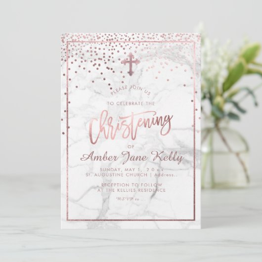 PixDezines Marble+Imitats Rose Gold Punkte/Christe Einladung (Stehend Vorderseite)