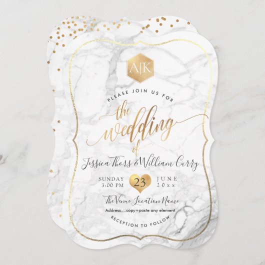 PixDezines Marble+Monogram+Imitate Gold Honeycomb Einladung (Vorne/Hinten)