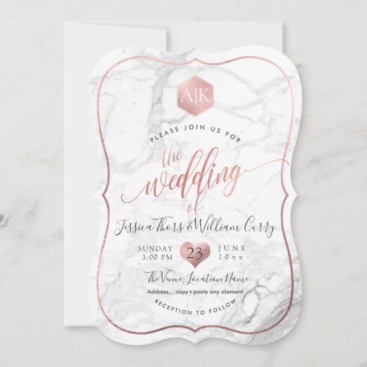 PixDezines Marble+Monogram+Imitate RoseGold Honeyc Einladung (Vorderseite)