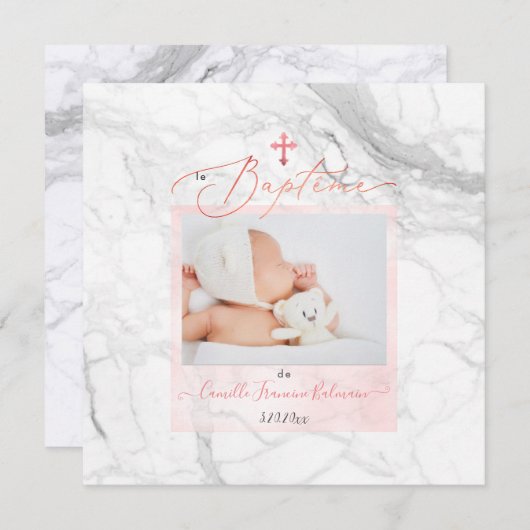 PixDezines Marbre Blanc, Baptême Fille Einladung (Vorne/Hinten)
