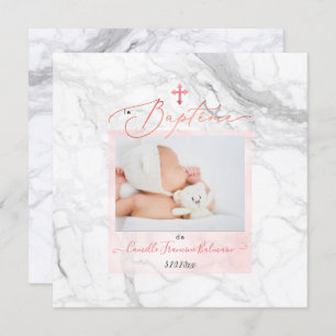 PixDezines Marbre Blanc, Baptême Fille Einladung