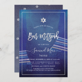 PixDezines Marine Blue+Platinum Talitz Bar Mitzvah Einladung