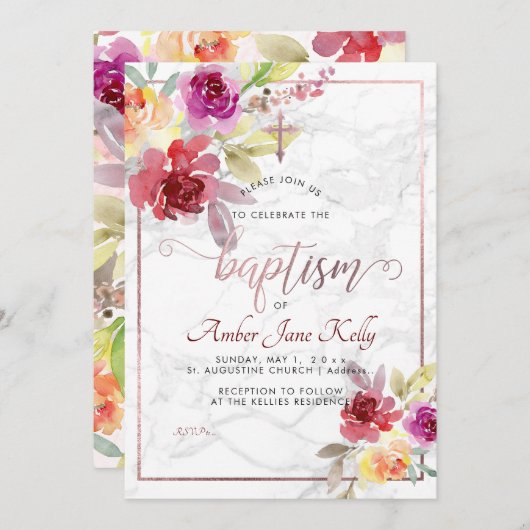 PixDezines Marmor+Aquarellfarben-Blume/Taufe Einladung (Vorne/Hinten)