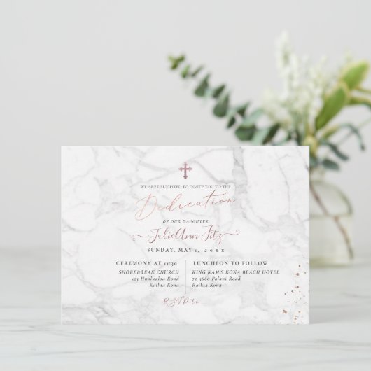 PixDezines Marmor Rose Gold Dedication Einladung (Stehend Vorderseite)