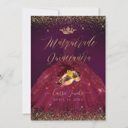 PixDezines Masquerade Quinceanera Burgundy Gold Einladung (Vorderseite)