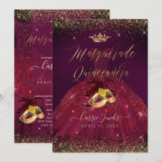 PixDezines Masquerade Quinceanera Burgundy Gold Einladung