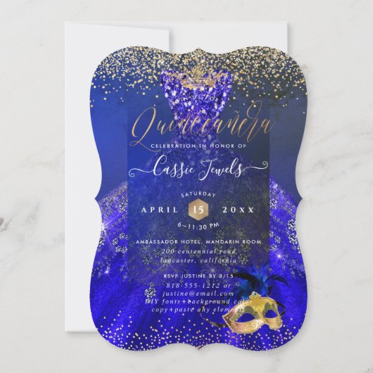PixDezines Masquerade Quinceanera, Royal Blue Einladung (Rückseite)