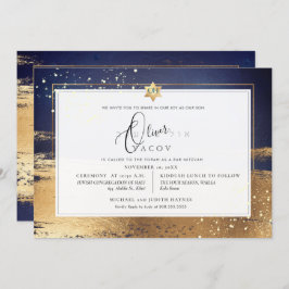 PixDezines MIDNIGHT BLUE GOLD BRUSHSTROKE Mitzvah Einladung