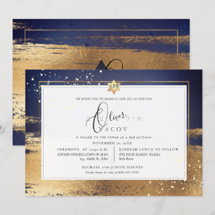 PixDezines MIDNIGHT BLUE GOLD BRUSHSTROKE Mitzvah Einladung