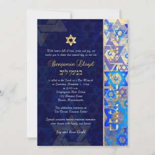 PixDezines Mod stars Bar Mitzvah Dark Blue Gold in Einladung