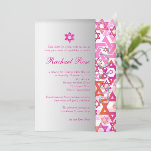 PixDezines Mod stars/Bar Mitzvah/hot pink/silber Einladung (Stehend Vorderseite)