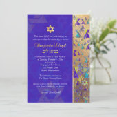 PixDezines Mod stars Bar Mitzvah Lila Gold Einladung (Stehend Vorderseite)