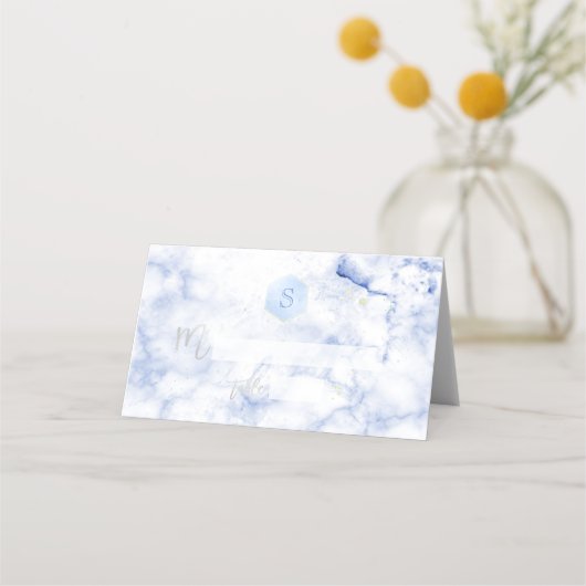 PixDezines Monogram Blue Honeycomb+Marble Platzkarte (Vorderseite)