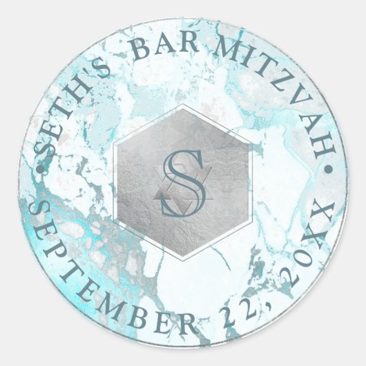 PixDezines Monogram Blue Marble Honeycomb Mitzvah Runder Aufkleber (Vorderseite)