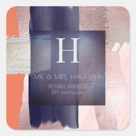 PixDezines Monogram, Blush+Navy+Silver Farbblock Quadratischer Aufkleber (Vorderseite)