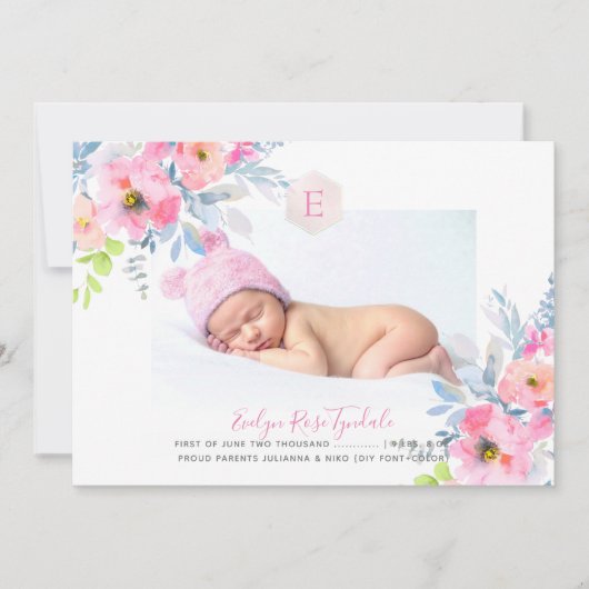 PixDezines Monogram+Garden Rose Birth Baby Girl Ankündigung (Vorderseite)