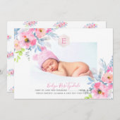 PixDezines Monogram+Garden Rose Birth Baby Girl Ankündigung (Vorne/Hinten)