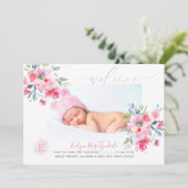 PixDezines Monogram+Garden Rose Birth Baby Girl Ankündigung (Stehend Vorderseite)