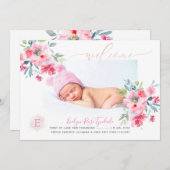 PixDezines Monogram+Garden Rose Birth Baby Girl Ankündigung (Vorne/Hinten)