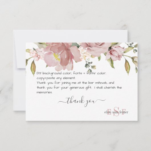 PixDezines Monogram H2 Dusty Rose Blume Dankeskarte (Rückseite)