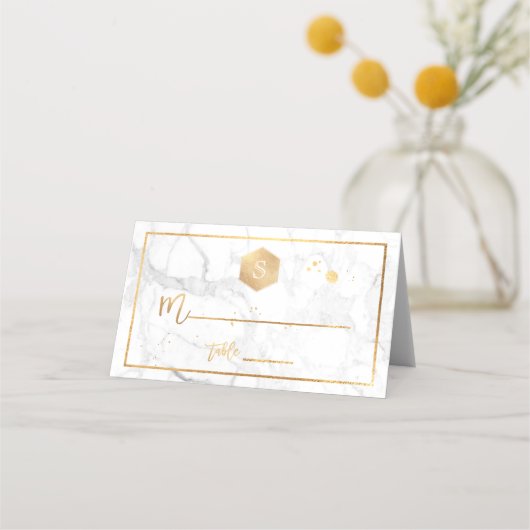 PixDezines Monogram Imitate Gold Honeycomb+Marmor Platzkarte (Vorderseite)