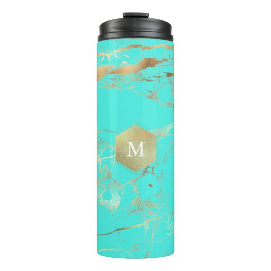 PixDezines MONOGRAM TURQUOISE GOLD VEINS Thermosbecher (Vorderseite)