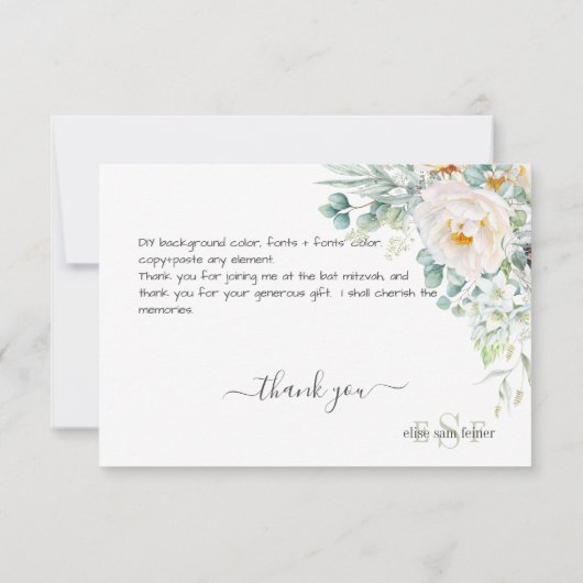 PixDezines Monogram Wasserfarbenpeonies Anemone Dankeskarte (Rückseite)